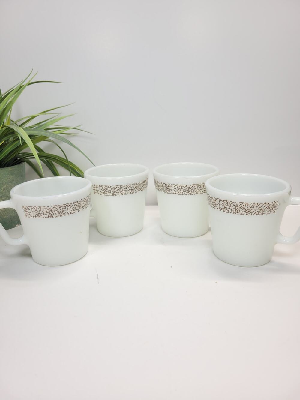 Vintage Pyrex Woodland Mugs Set of 4 Milk Glass Coffee Cups, Brown Floral